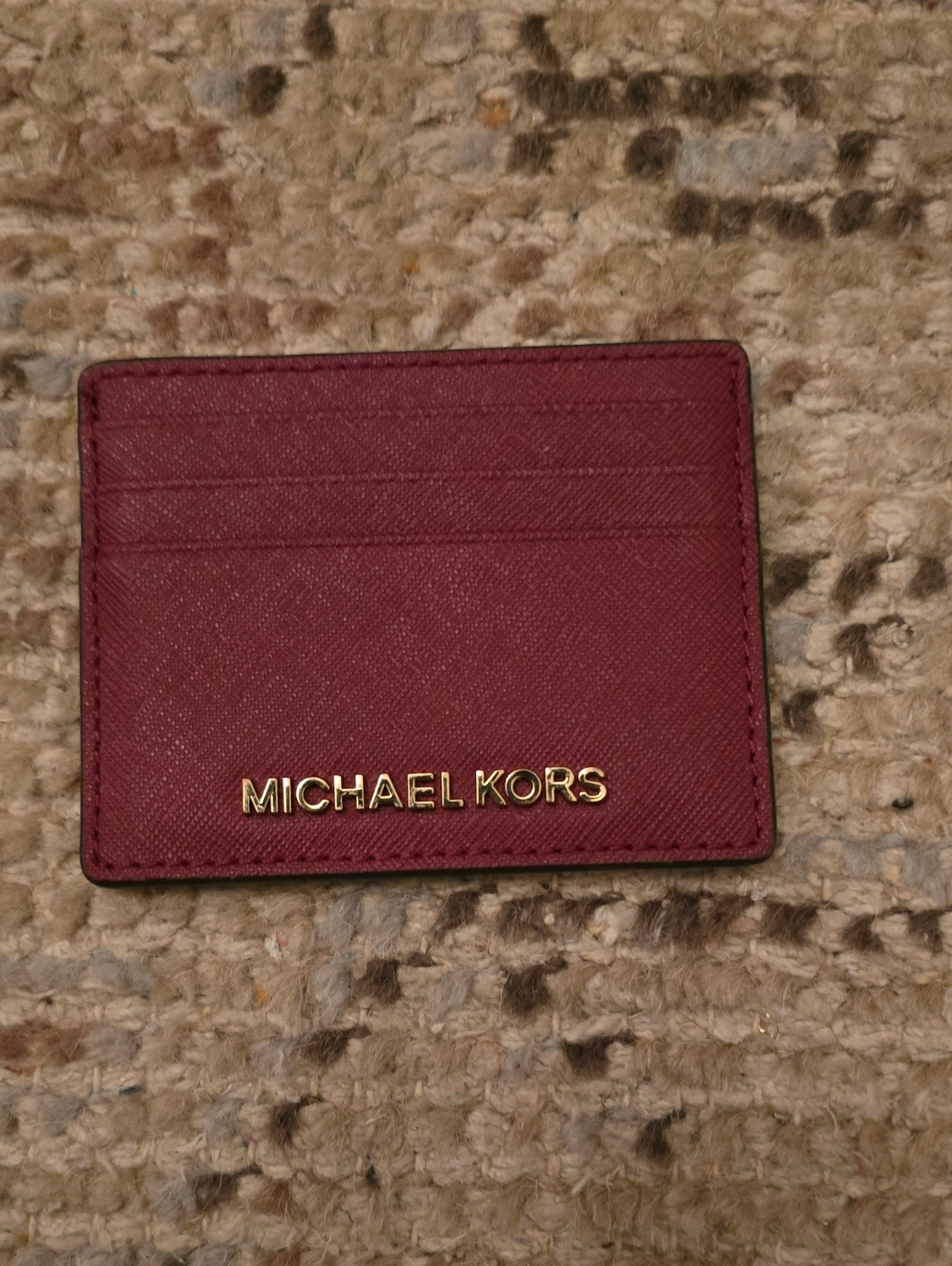 Michael Kors Wine Red Leather Card Holder With Gold Logo Michael Kors Wine Red Leather Card Holder With Gold Logo